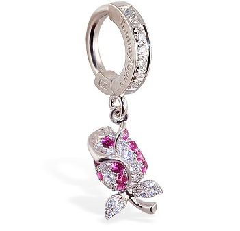 TummyToys® Jewel Paved Rose Belly Ring. Silver Belly Rings.