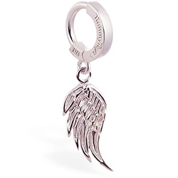 TummyToys® Silver Femme Metale's Angel Wing Navel Ring - Solid 925 Silver Feather Charm Snap Lock Belly Ring