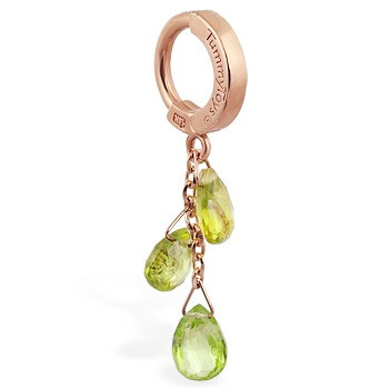 Quality Belly Rings. TummyToys 14K Rose Gold Peridot Navel Ring - Solid 14k Rose Gold Belly Ring with Three Peridot Drop Chain