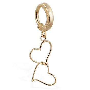 TummyToys® Solid Yellow Gold Hand Made Double Heart Belly Ring. High End Belly Rings.