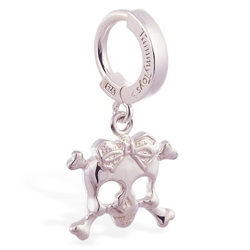 Designer Belly Rings. TummyToys Silver Femme Metale's Silver Skull and Bow Navel Ring - Solid 925 Silver Skull And Bow Charm Snap Lock Belly Ring