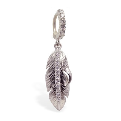 High End Belly Rings . TummyToys Gem Lined Feather Clasp - Solid Silver CZ Snap Lock Huggy Belly Ring