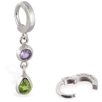 Designer Belly Rings. TummyToys Amethyst Peridot Huggy - Solid Silver Snap Lock Clasp with Natural Peridot and Amethyst Gems