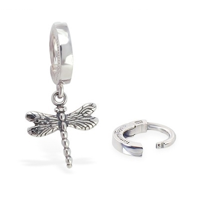 Designer Belly Rings. TummyToys 925 Silver Dragonfly Huggy - Solid Silver Snap Lock Dangly Belly Rings
