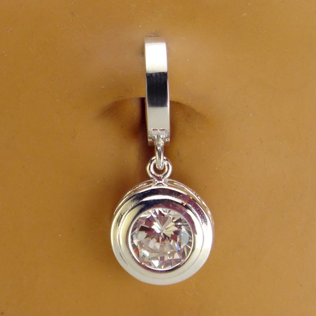 Belly Button Rings. TummyToys Silver Bezel Set - Classic Large Cubic Zirconia Clasp Belly Ring