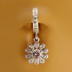 TummyToys® Fancy Flower Cubic Zirconia Belly Ring - Solid Silver CZ Paved Snap Lock Belly Ring Clasp